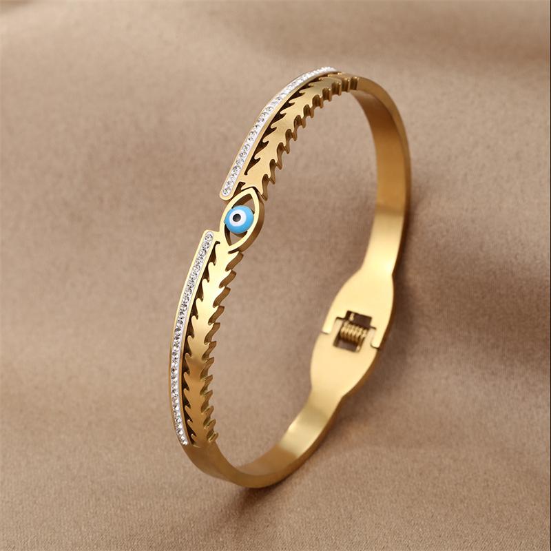Rinhoo Stainless Steel Bracelet for Women Luxury Zircon Evil Eye Open Bangles Waterproof Jewelry Lucky Amulet Gift
