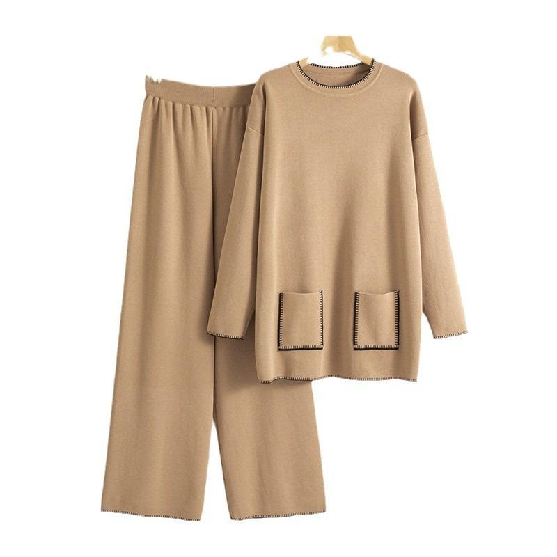 Плюс Размер Женская Весна Новый Трикотажный Модный Длинный Свитер Свободный Комплект Из Двух Частей