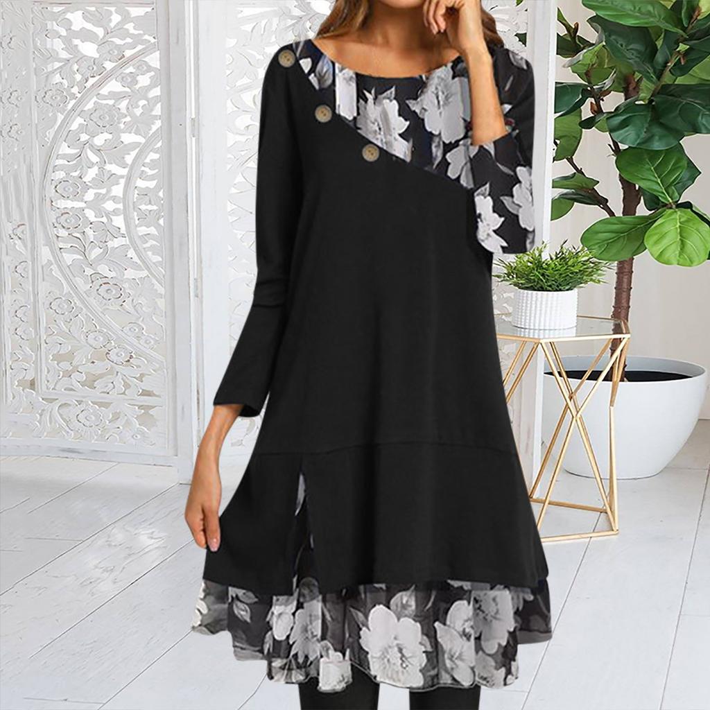 Women's Casual Fashion Chiffon Print Loose Double-Layer Large Size Dresses