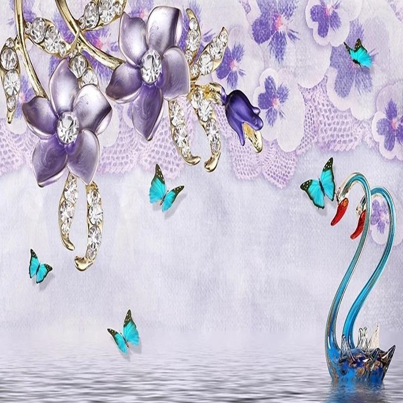 Настенные обои 3d Роскошный лебедь Цветок Ювелирные изделия Настенная живопись Гостиная Телевизор Диван Спальня Домашний декор Обои