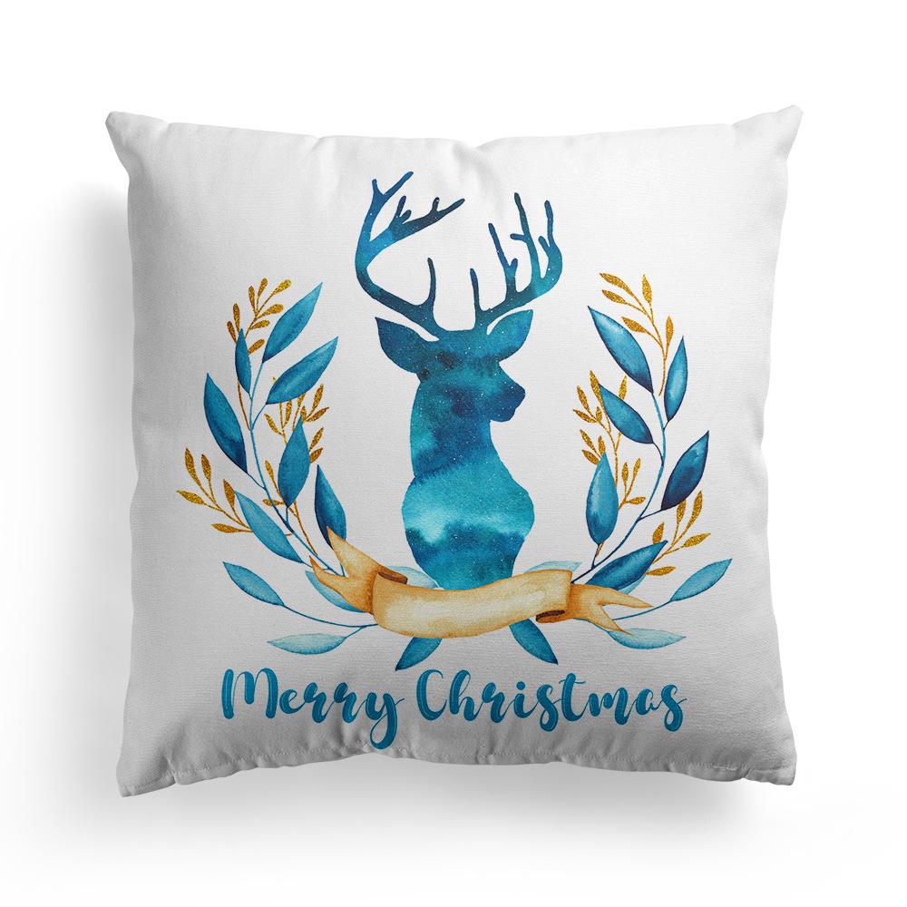 New Christmas Blue Watercolor Elk Pillow Cover  Decoration Holiday Gift Sofa Cushion  Bedroom Room Home