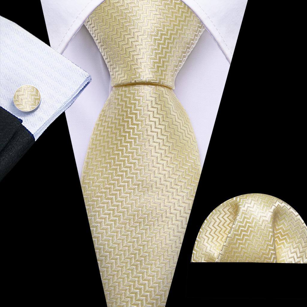 Barry.Wang Necktie Hankerchief Cufflinks Set Earth Yellow Paisley Jacquard Woven Wedding