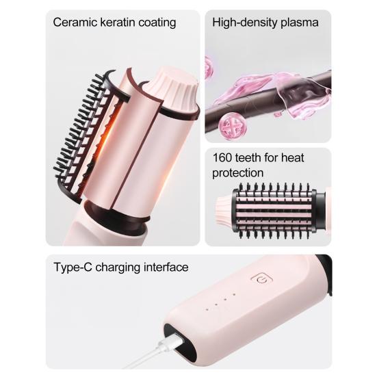 3-In-1 Hair Curling Iron Brush Portable Fast Heating Thermal Brush USB Rechargeable Travel Cordless Heated Round Brush Electric Hair Curling