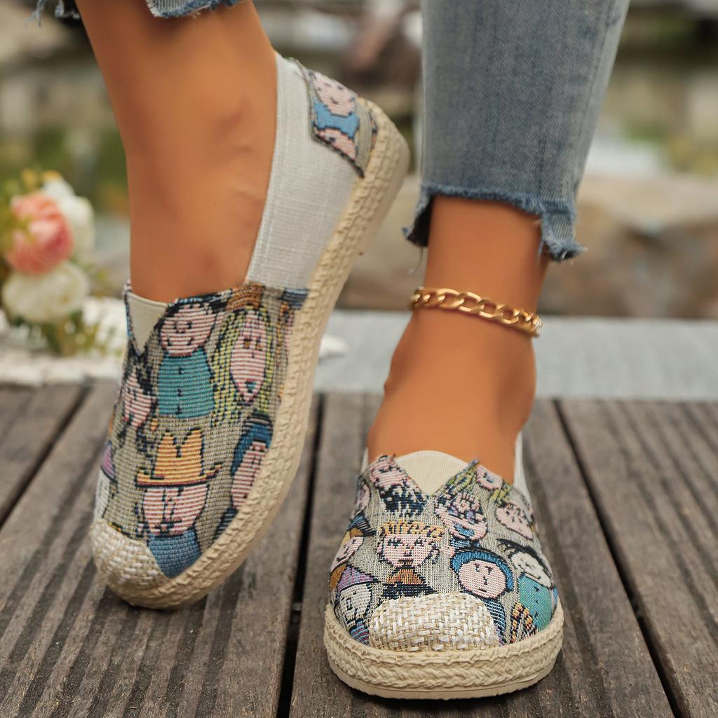 Мода Новые модные туфли на плоской подошве с круглым носком 2024 года, легкие дышащие мокасины из мультяшной ткани, повседневная и удобная женская обувь