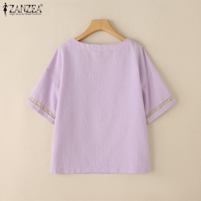 ZANZEA Women Summer Round Neck Casual Grid Print Short Sleeve Blouse