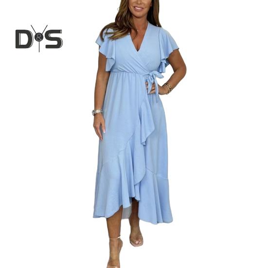 Женское летнее макси-платье с V-образным вырезом и коротким рукавом в виде листа лотоса, свободный сарафан, длинное пляжное платье с разрезом и поясом