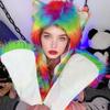 Women Hat Rainbow Color Imitation Fur 3 In 1 Hat Scarf Gloves Winter Warm Hat Home Outdoor Work Street Wear