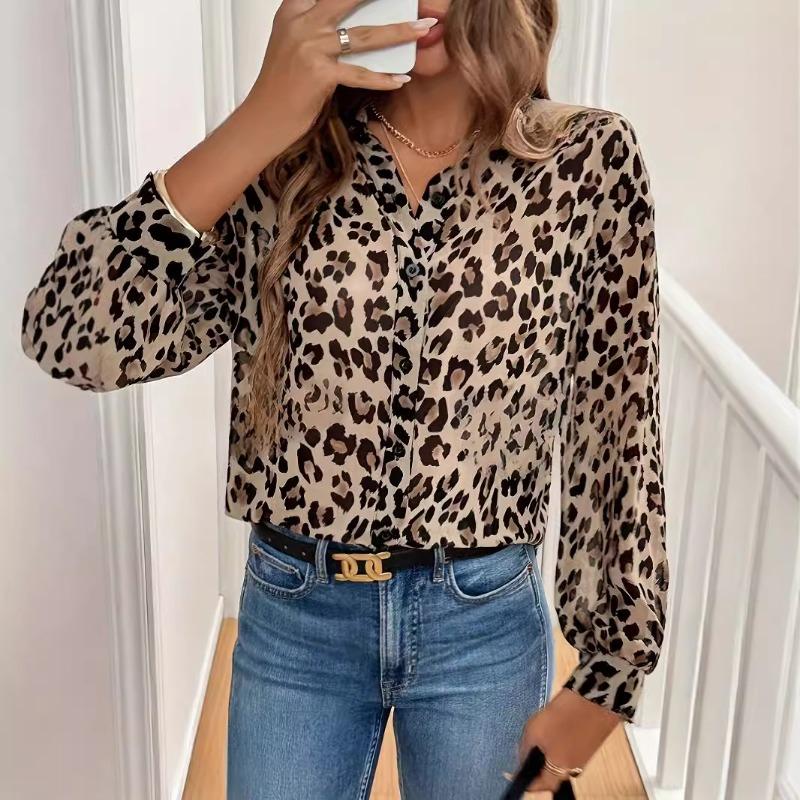 Elegant Leopard Print Long Sleeved Loose Shirt Top Blouses Shirts