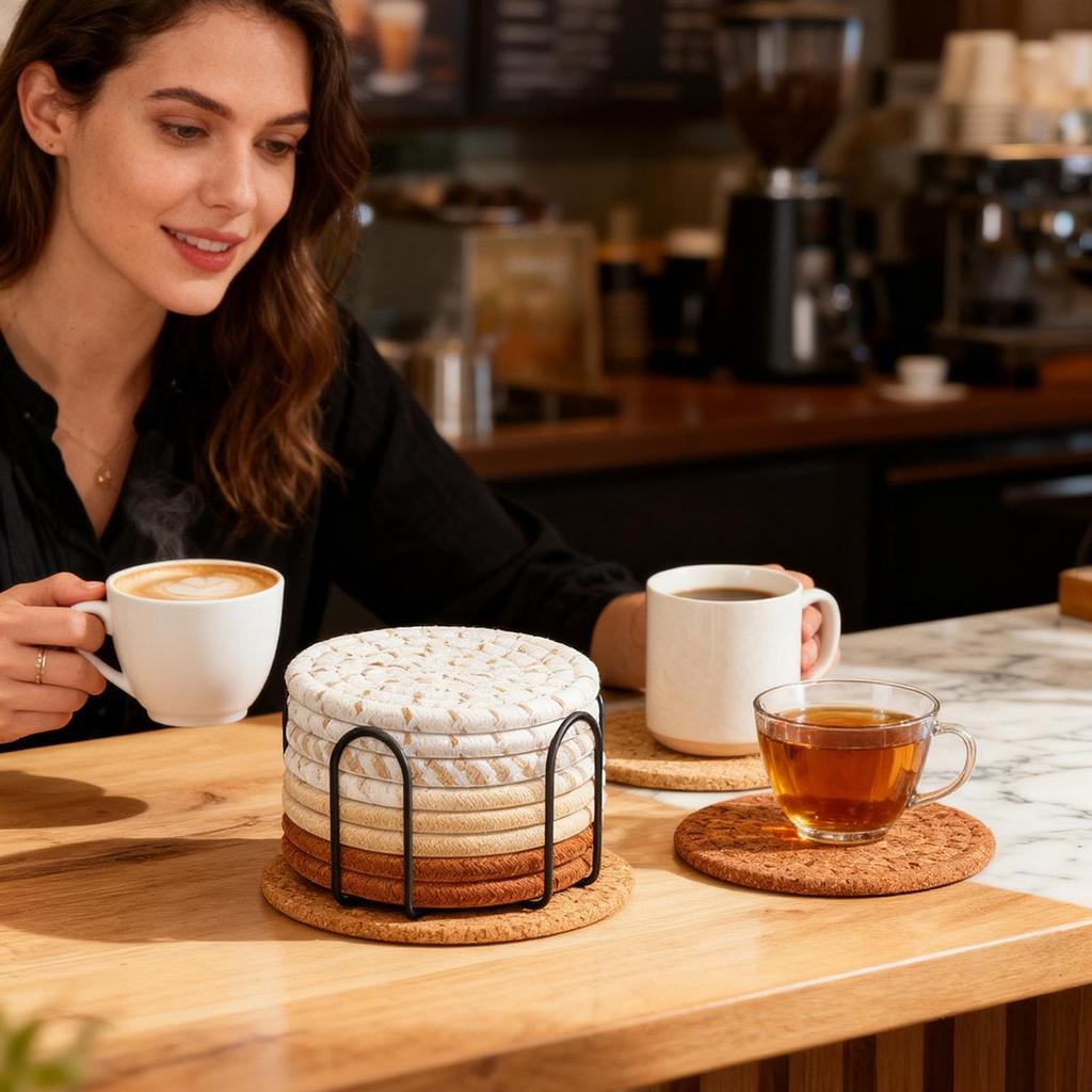 Coasters for Drinks 8 Pieces Absorbent Cup Mat with Holder 4.3 Inch Heat-Resistant Cotton Rope Desk Coaster for Table Home