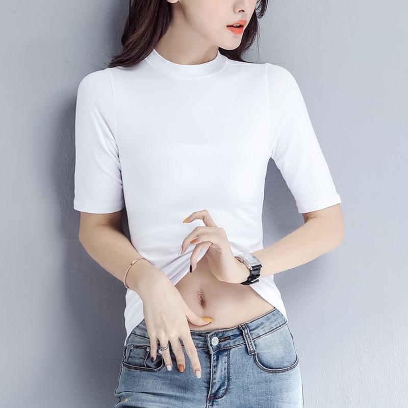 Женская приталенная футболка для похудения: Круглый вырез, V-образный вырез или воротник-стойка; Короткие или рукава три четверти; Базовый топ с полувысоким воротником.