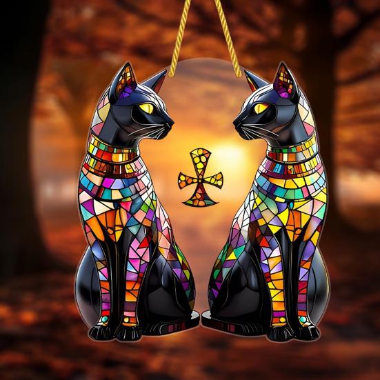 Black Cat Sun Catcher 2D Acrylic Hanging Decoration Stained Glass Style Multicolor Cat Decoration for Room Window Balcony