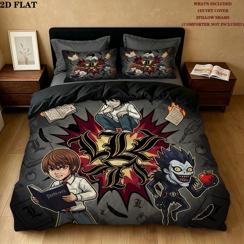 Death Note Pattern Bedding Quilt Set Quilt Cover Pillowcase Home Birthday Gift(1 * duvet cover + 2 * pillowcase, without core)