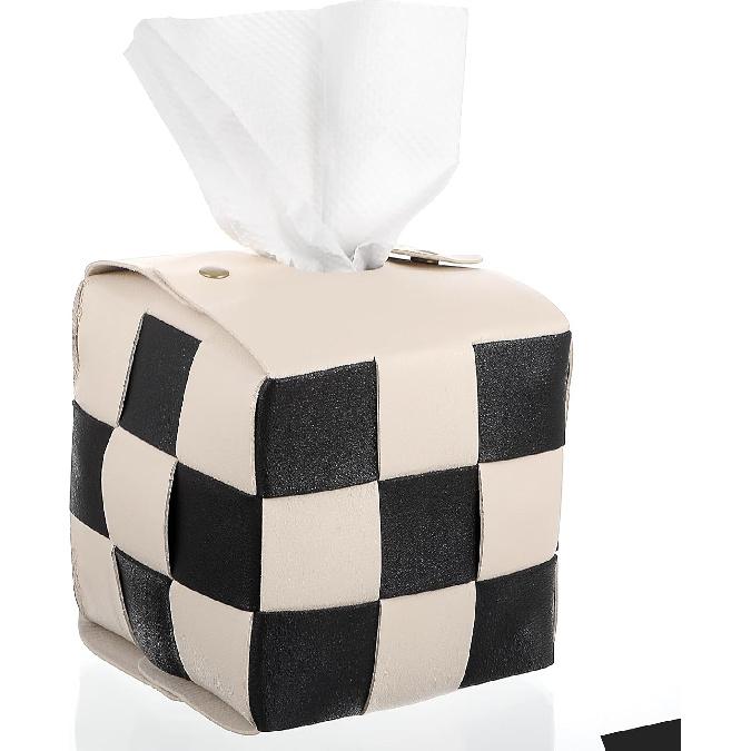 Checkered Tissue Box Cover Square, PU Leather Table Tissue Box Holder Boho Black and Beige Decorative Organizer with Metal Buckle for Vanity