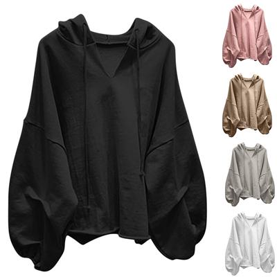 Женский модный повседневный однотонный свитшот с V-образным вырезом, капюшоном и длинными рукавами свободного кроя