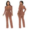 European & American Women's Sexy V-Neck Puff Sleeve Shiny Knit Jumpsuit