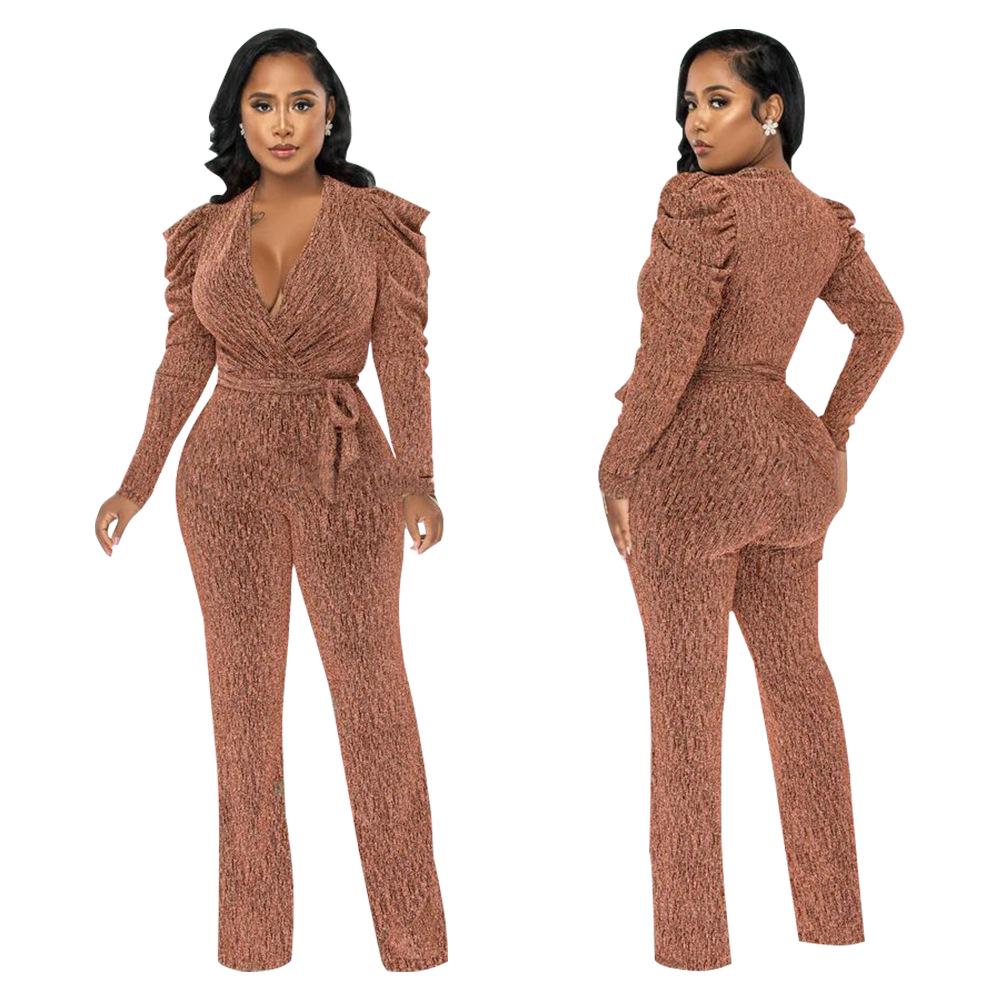 European & American Women's Sexy V-Neck Puff Sleeve Shiny Knit Jumpsuit