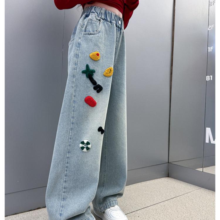 Девочки Джинсы Весна и Осень Ковбойские Широкие Брюки Детские Девочки Осенние Брюки Свободные Брюки