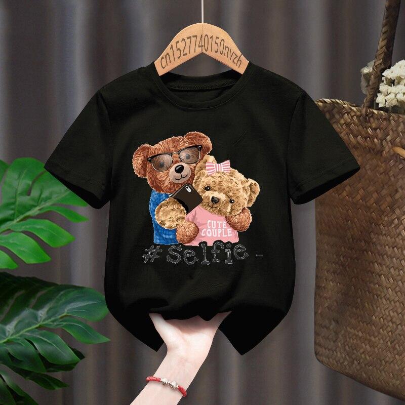 Fashion Funny Bear Printed Kid Short Round Neck T-shirts Children Baby Kawaii Clothes Boy Girl Tops Gift Present Short T-shirts