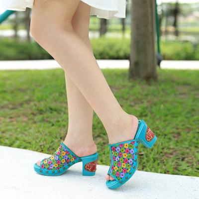 Босоножки на высоком каблуке из натуральной кожи с цветочной росписью, универсальные женские уличные тапочки в стиле ретро