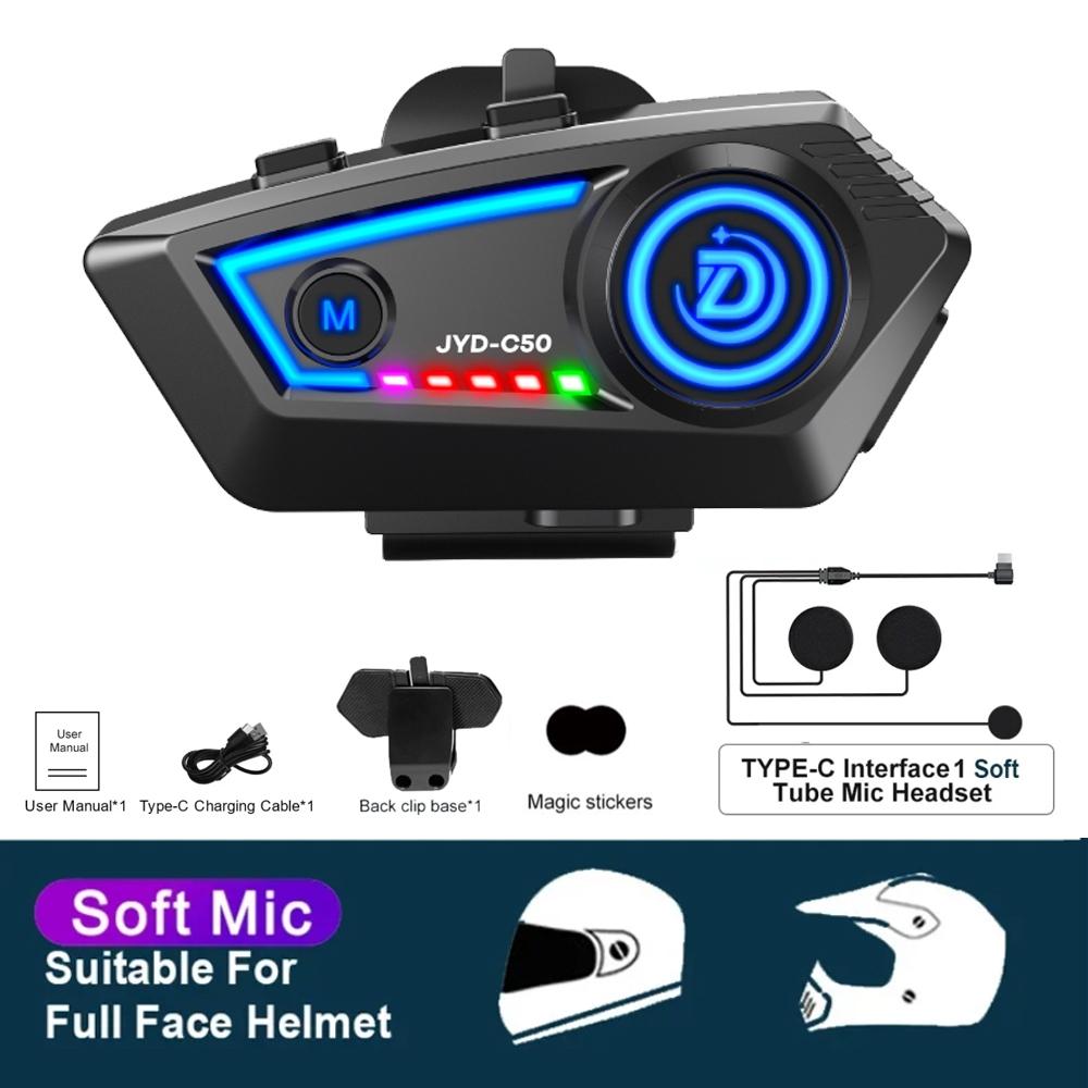 JYD-C50 Мотоциклетный шлем Bluetooth 5.4 Гарнитура Свободные руки Звонок IPX67 Водонепроницаемый 500 мАч Динамики гарнитуры Hi-Fi Стерео RGB подсветка