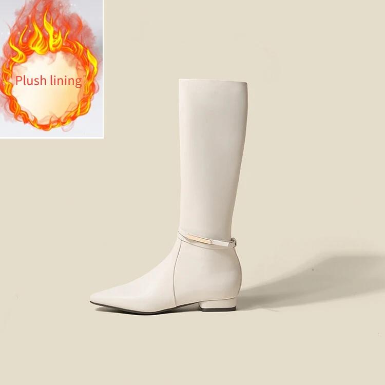 Fashion New Solid Color Cowhide 2.5cm Low Heel Knee High Boots Autumn Winter Fashion Warm Plush Red Black Spicy Girl Women Boots 34-43