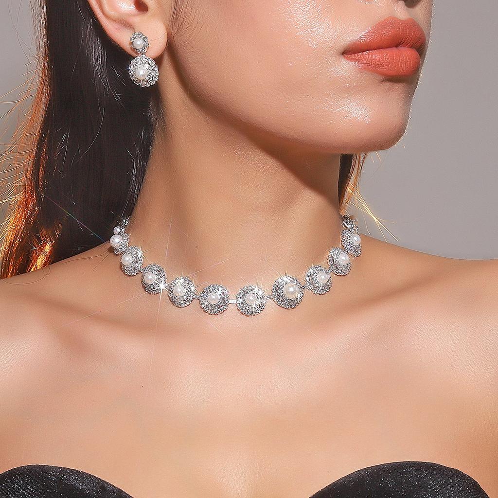 Premium Luxury Super Flash Diamond Necklace Earrings Set, Bridal Earrings, Wedding Dress Accessories