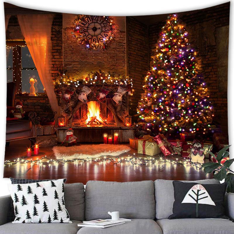 Merry Christmas Christmas Tree Fireplace Printed Pattern Tapestry Home Living Room Bedroom Background Wall Decoration Tapestry