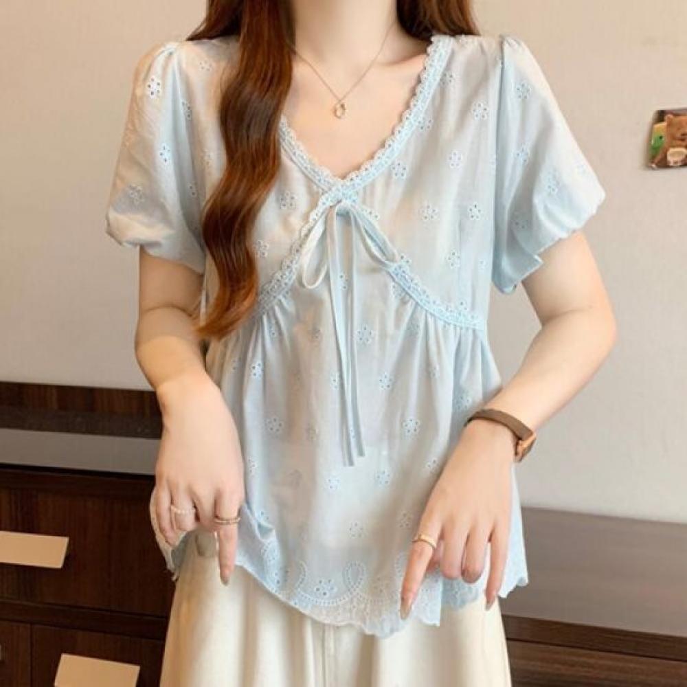 NaVaVa V Neck Short sleeVe Blouse With Embroidery Punching Lace Nb3157