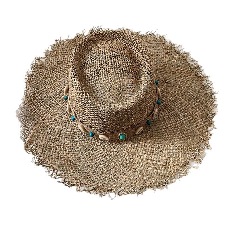 Соленая трава ракушка этническая шляпа летняя пляжная отпуск соломенная шляпа дышащая защита от солнца полая широкополая соломенная шляпа