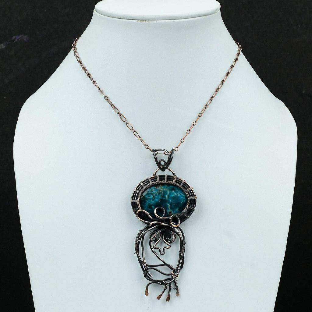 Неоновый апатитовый кулон, обернутый медной проволокой, медное ювелирное изделие, кулон ручной работы, натуральный драгоценный камень, неоновый апатит, ювелирное изделие, свадебный подарок