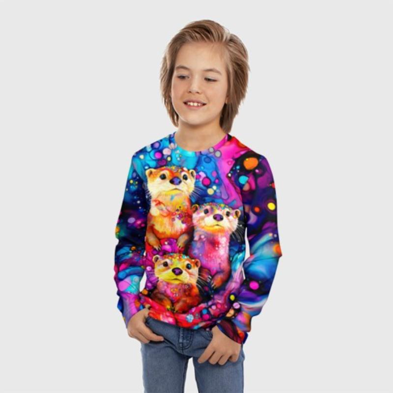 Children's Cartoon Animal Kitten Print Multi-color Print T-shirts Boys Cute Long Sleeved Soft Comfortable Top