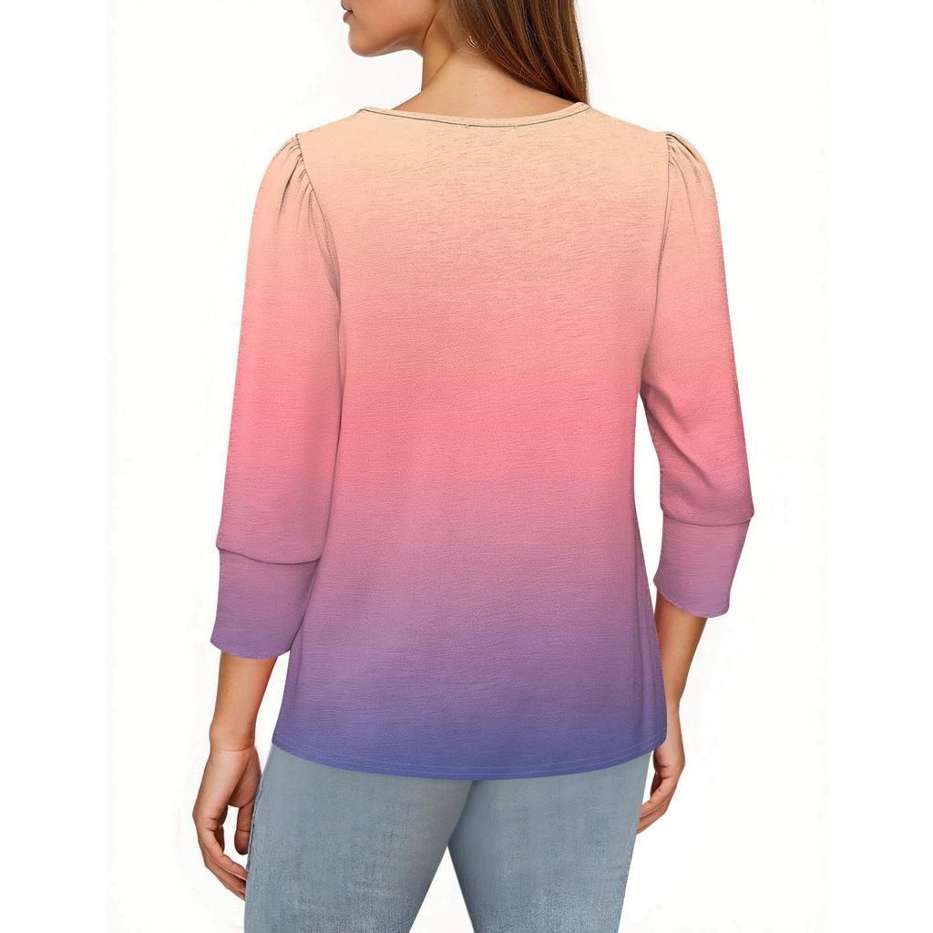 Women's Fashion Casual 3/4 Sleeve Print Shirt Women's Round Neck Tops