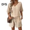 Женский повседневный наряд из 2 шт./компл., футболка с v-образным вырезом и короткими рукавами, эластичная резинка на талии, широкие шорты, комплект, сплошной цвет, тканевый наряд с морщинами