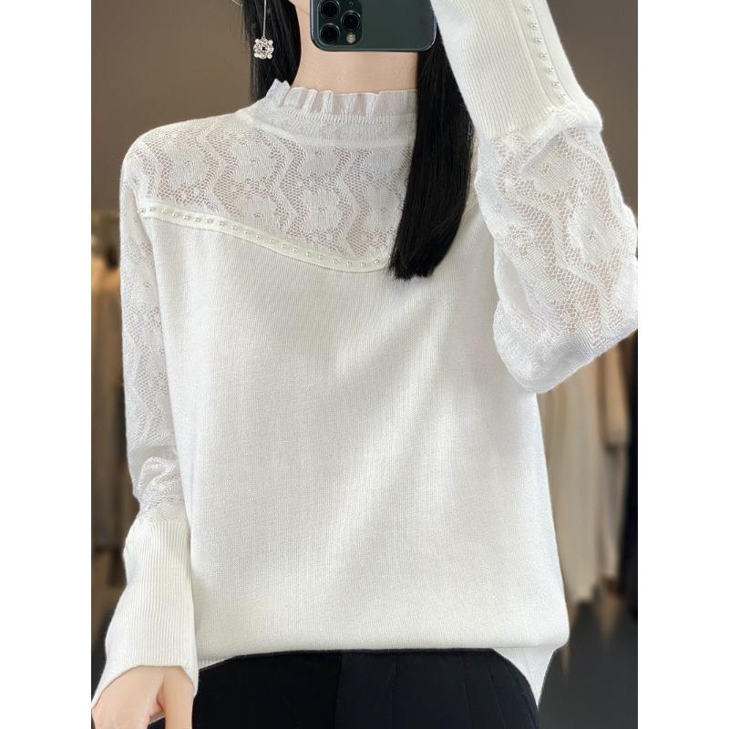 Весенне-осенний женский вязаный свитер с деревянным воротником и ушками, кружевной ажурный шерстяной свитер, свободный однотонный свитер с полувысоким воротом, тонкая рубашка