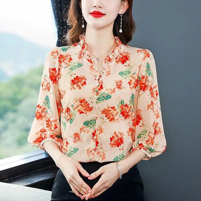 Шифоновая рубашка с цветочным принтом, женская весенне-летняя блузка с коротким рукавом и шикарным принтом, милая блузка с фонариком, Blusas