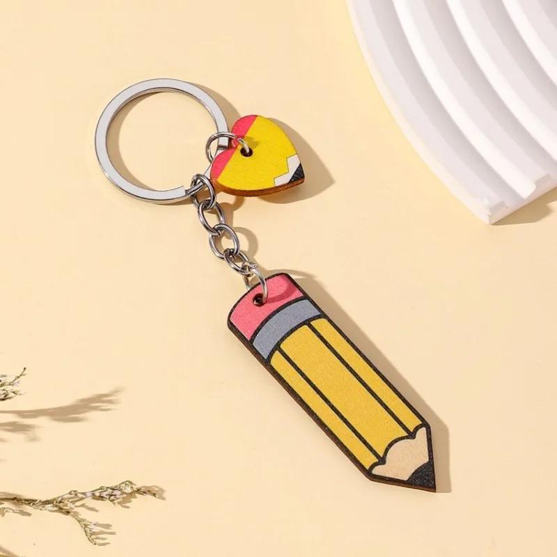 Creative Cartoon Pencil Keychains Wooden Colorful Pencil Heart-shaped Tag Keychains Present for Students Teachers