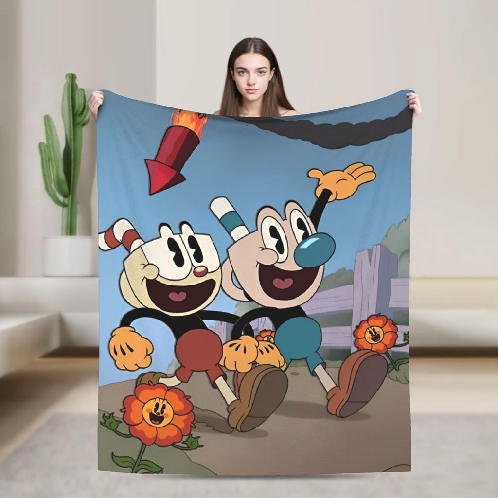 Cupheads Knitted Blanket Fleece Video Game Warm Throw Blanket for Outdoor Travel Bed Rug