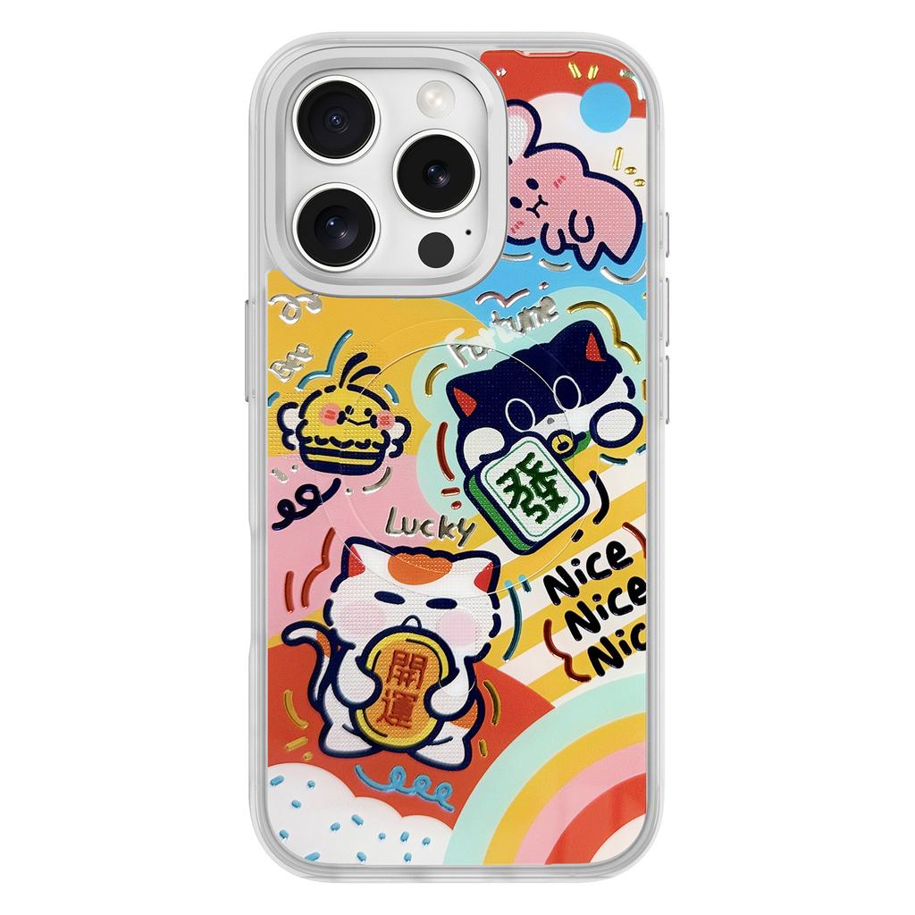 For iPhone 16 Pro Magnetic Case TPU PC Phone Cover with Detachable Green Lucky Cat Backplate