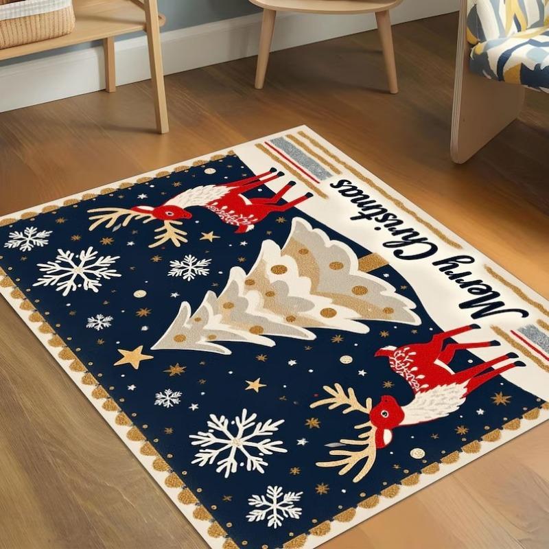 Navy Blue Christmas Rug with Red Reindeer and Tree Design, Festive Holiday Carpet with Snowflakes for Living Room Decor