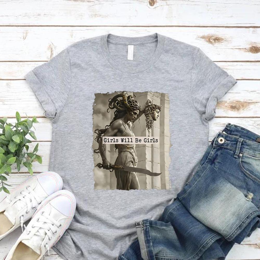 Girls Will Be Girls T-Shirt Feminist Shirt Women's Empowerment Tee Vintage Short Sleeve Halloween T-shirt Casual Graphic Tees