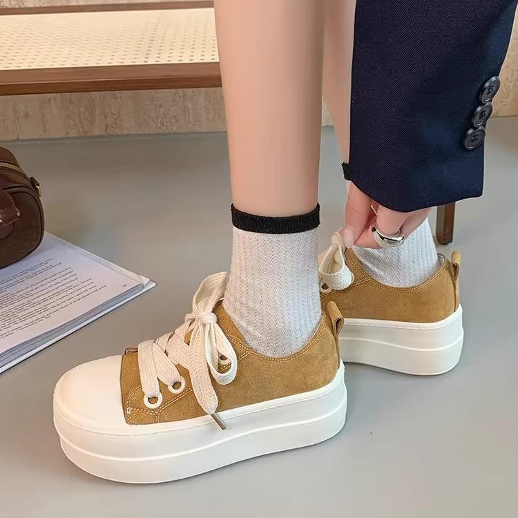 Versatile Ugly Cute Round Head Platform Popular Muffin Canvas Shoes Women's 2025 Spring New Height-increasing Big Head Casual Board Shoes