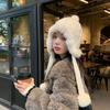Plush Ear Protection Hat Korean Version Women Winter Warm Trend Wild Rabbit Hair Cold-proof Knitted Hat Casual Outdoor Hat with Hairball