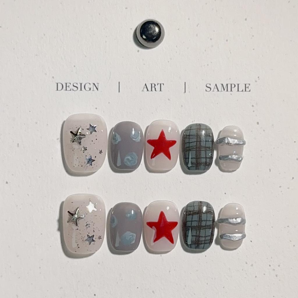 10Pcs Handmade Press On Nails Star Hand Painted Grid Full Cover Removable Fake Nails For Women Girls