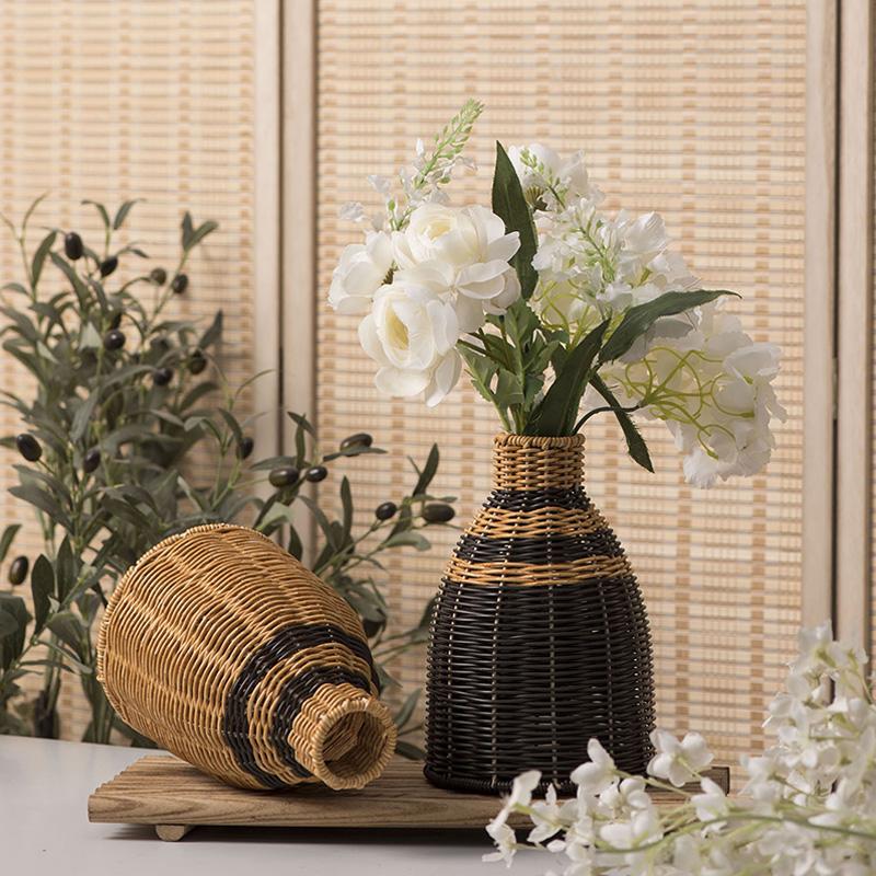 Hand-Woven Vintage Premium Vase Living Room Decor Faux Rattan Flower Vase Home Decor