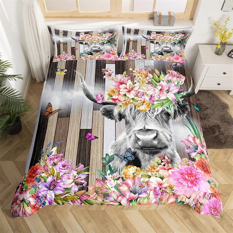 Комплект постельного белья с шотландской коровой Полиэстер Бык Крупный рогатый скот Цветы Пододеяльник Западное Дикое животное Пододеяльник Фермерский дом Покрывало с коровой