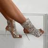 Fashion Brand Design 2025 New Crystal/rivet Zipper Sandals Stage Banquet Nightclub High Heels Women Shoes Apricot Silver Dress Matching