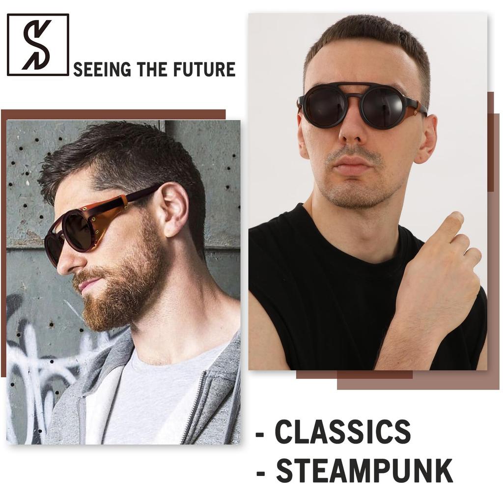 [SHEEN KELLY] Gothic Motorcycle Sunglasses Retro Round Side Shield Retro Steam Punk Sunglasses for Gentlemen