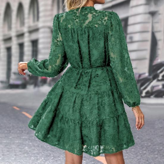 Fall Spring Women Dress Round Neck Lace Applique Long Sleeves Button-down Lace-up Strap Slim Waist A-line Big Hem Dating Party Midi Dress