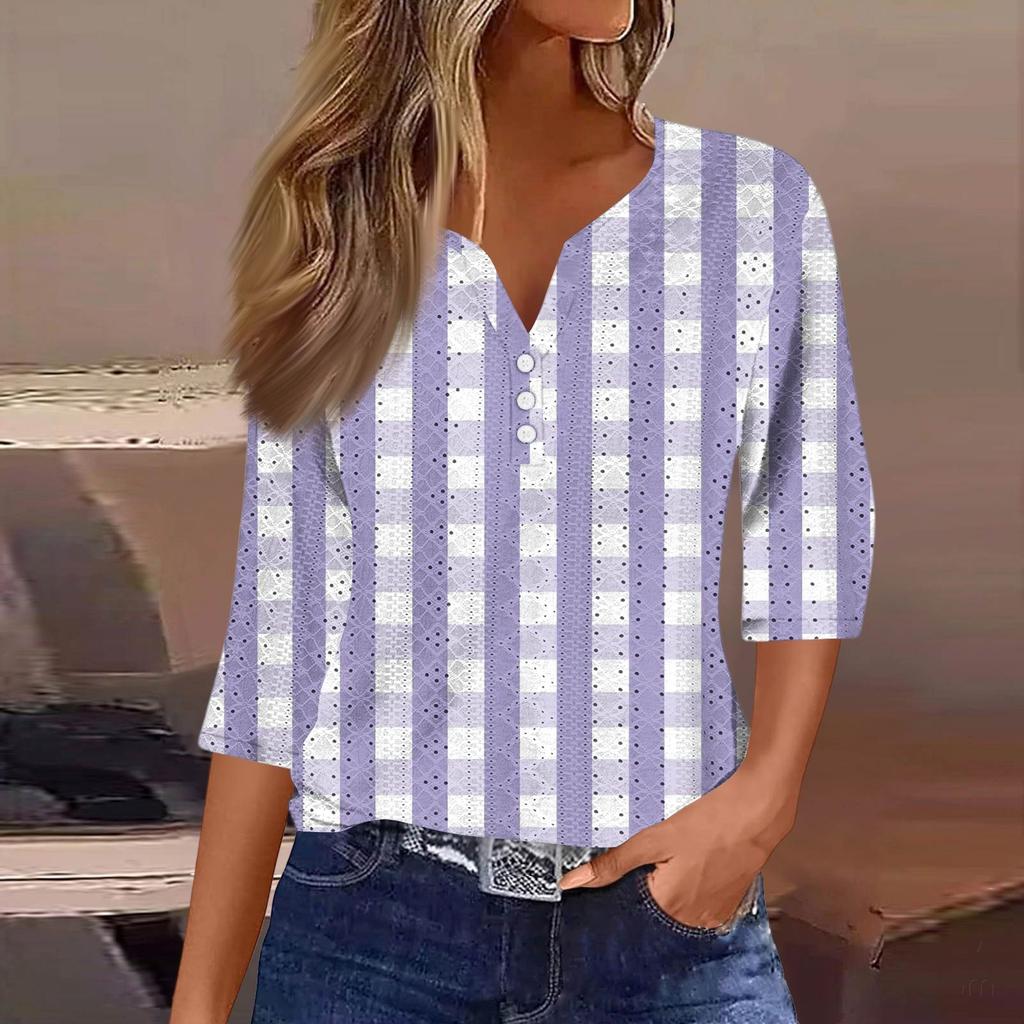 Женская модная футболка с V-образным вырезом, пуговицами, рукавами семь, повседневная полосатая клетчатая футболка с принтом