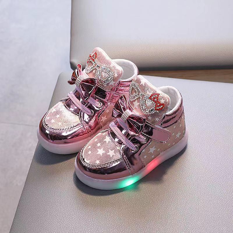 2022 Spring/Autumn Kids' LED Light-Up Bowknot Leather Boots Diamond Sports Shoes